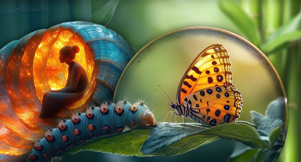 EFT Tapping Bild von einer Raupe die sich zu einem wunderschönen Schmetterling entwickelt